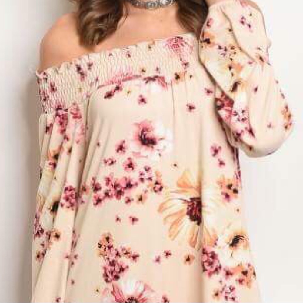BOHO Soft Peach Floral Off the shoulder dress - Picture 3 of 3